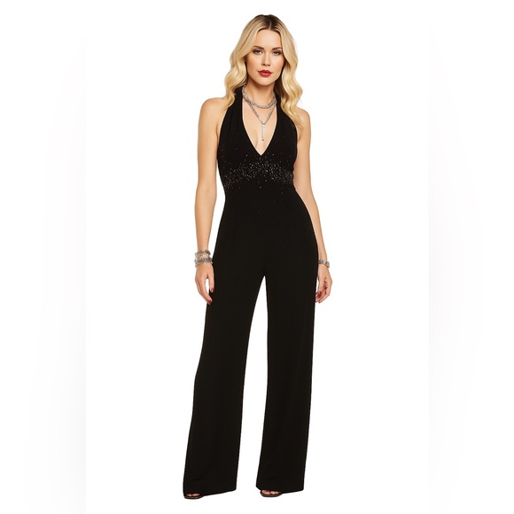 Cache Pants - VINTAGE Caché Y2K beaded palazzo pant halter neck jumpsuit black SZ 4 WHIMSIGOTH